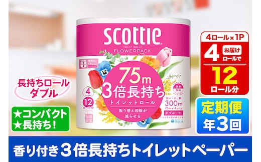 《4ヶ月ごとに3回お届け》定期便 スコッティ フラワーパック 3倍長持ち 4ロール(ダブル)×1パック 秋田市オリジナル 新生活 [トイレットペーパー]
