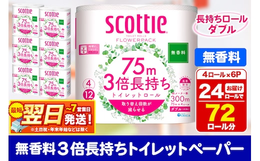 トイレットペーパー スコッティ フラワーパック 3倍長持ち〈無香料〉4ロール(ダブル)×6パック 秋田市オリジナル 最短翌日発送