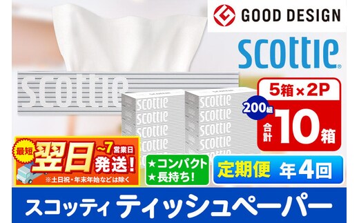 《3ヶ月ごとに4回お届け》定期便 ティッシュペーパー スコッティ 200組 10箱(5箱×2パック) ティッシュ 秋田市オリジナル 最短翌日発送 新生活