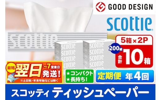 《3ヶ月ごとに4回お届け》定期便 ティッシュペーパー スコッティ 200組 10箱(5箱×2パック) ティッシュ 秋田市オリジナル 最短翌日発送 within2025