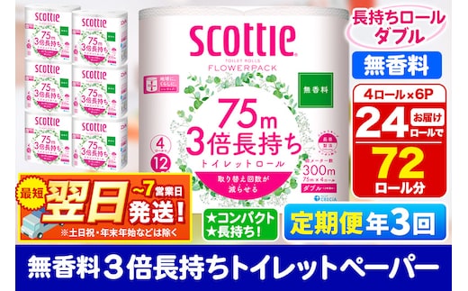 《4ヶ月ごとに3回お届け》定期便 トイレットペーパー スコッティ フラワーパック 3倍長持ち〈無香料〉4ロール(ダブル)×6パック 秋田市オリジナル 最短翌日発送 within2025