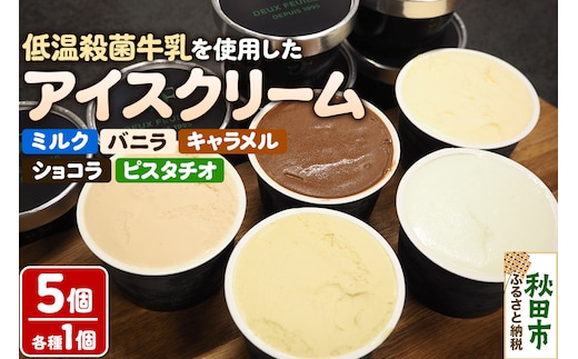 秋田市産 鈴木牛乳の低温殺菌牛乳を使用したアイスクリーム 5種（リッチミルク、バニラ、ショコラ、キャラメル、ピスタチオ）
