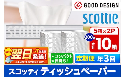 《4ヶ月ごとに3回お届け》定期便 ティッシュペーパー スコッティ 200組 10箱(5箱×2パック) ティッシュ 秋田市オリジナル 最短翌日発送 [ティッシュ ボックスティッシュ スコッティ(SCOTTIE) スコッティティシュー 定期便 新生活]
