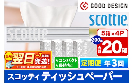 《4ヶ月ごとに3回お届け》定期便 ティッシュペーパー スコッティ 200組 20箱(5箱×4パック) ティッシュ 秋田市オリジナル 最短翌日発送 [ティッシュ ボックスティッシュ スコッティ(SCOTTIE) スコッティティシュー 定期便 新生活]