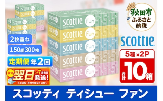 《6ヶ月ごとに2回お届け》定期便 ティッシュペーパー スコッティ ティシュー ファン 150組 5箱×2パック 秋田市オリジナル 最短翌日発送 [ティッシュ スコッティ(SCOTTIE) スコッティティシュー]