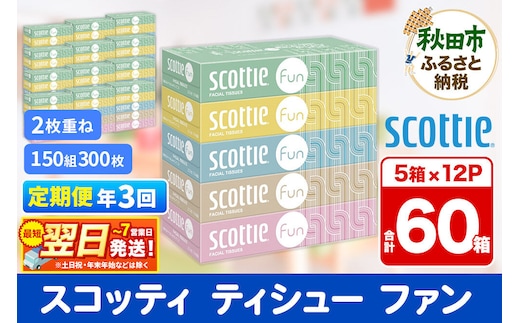 《4ヶ月ごとに3回お届け》定期便 ティッシュペーパー スコッティ ティシュー ファン 150組 5箱×12パック 最短翌日発送 [ティッシュ スコッティ(SCOTTIE) スコッティティシュー]