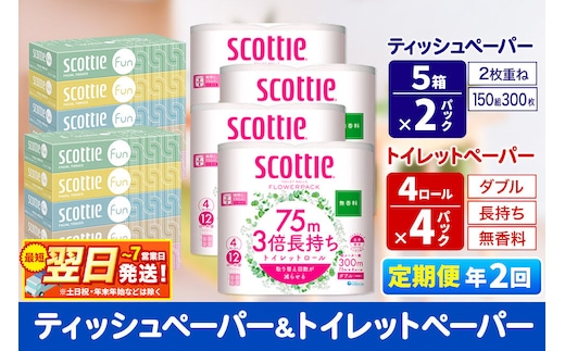 《6ヶ月ごとに2回お届け》定期便 ティッシュペーパー スコッティ ファン 150組 5箱×2パック ＆ スコッティトイレットペーパー ダブル 無香料 3倍長持ち4ロール×4パック 秋田市オリジナル 最短翌日発送 [スコッティ フラワーパック トイレットペーパー 日本製紙クレシア ティッシュ スコッティ(SCOTTIE) スコッティティシュー 新生活]