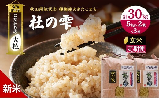新米 先行予約 令和8年産[玄米]【定期便3ヶ月】秋田県産 あきたこまち 10kg(5kg×2)×3回 計30kg 「杜の雫」こだわりの大粒 種梅産【 お米 おこめ たねうめ 精米 ご飯 ごはん ブランド米 大粒 おにぎり 産地直送 能代 】