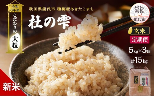 新米 先行予約 令和8年産[玄米]【定期便3ヶ月】秋田県産 あきたこまち 5kg×3回 計15kg「杜の雫」こだわりの大粒 種梅産【 お米 おこめ たねうめ 精米 ご飯 ごはん ブランド米 大粒 おにぎり 産地直送 能代 】