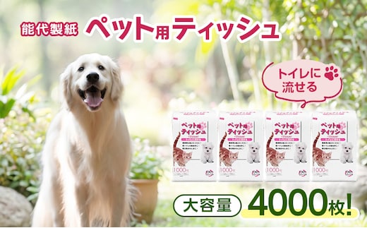 能代製紙 ペット用ティッシュ 1000枚 ×4パック 4000枚 国産 日本製 日用品 消耗品 紙 ペット 犬 猫 お散歩トイレに流せる 漂白剤不使用 再生紙 リサイクル エコ コスパ