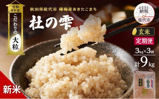 新米 先行予約 令和8年産 定期便 [玄米] 秋田県産 あきたこまち 3kg 全3回 毎月お届け「杜の雫」こだわりの大粒 種梅産【お米 たねうめ 玄米 精米 ご飯 ブランド米 大粒 おにぎり 産地直送 おこめ ごはん】