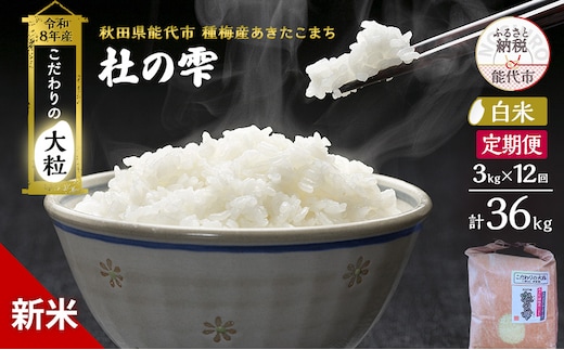 新米 先行予約 令和8年産 定期便【白米】秋田県産 あきたこまち 3kg 全12回 毎月お届け「杜の雫」こだわりの大粒 種梅産【お米 たねうめ 白米 精米 ご飯 ブランド米 大粒 おにぎり 産地直送 おこめ ごはん】