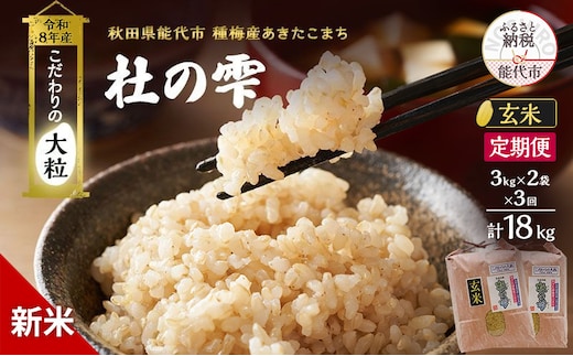 新米 先行予約 令和8年産 定期便 [玄米] 秋田県産 あきたこまち 6kg(3kg×2) 全3回 毎月お届け「杜の雫」こだわりの大粒 種梅産【お米 たねうめ 玄米 精米 ご飯 ブランド米 大粒 おにぎり 産地直送 おこめ ごはん】