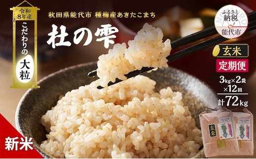 新米 先行予約 令和8年産 定期便 [玄米]秋田県産 あきたこまち 6kg(3kg×2) 全12回 毎月お届け「杜の雫」こだわりの大粒 種梅産【お米 たねうめ 玄米 精米 ご飯 ブランド米 大粒 おにぎり 産地直送 おこめ ごはん】