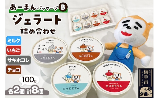 【あーまんパッケージB】ジェラート詰め合わせ（ミルク×2、いちご×2、サキホコレ×2、チョコ×2）各100g×8個