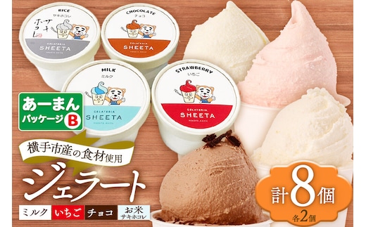 【あーまんパッケージB】ジェラート詰め合わせ（ミルク×2、いちご×2、サキホコレ×2、チョコ×2）各100g×8個 [ジェラート アイス アイスクリーム ミルク いちご サキホコレ チョコ ジェラテリアシータ セット 詰め合わせ 詰合せ 秋田県 横手市]