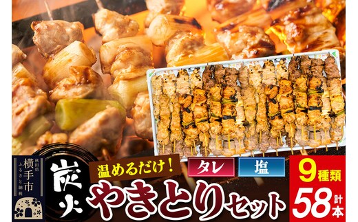 やきとりセット 計58本（ももたれ、もも塩、ねぎたれ、ねぎ塩、かしらたれ、さがり、バラ、なんこつ、皮たれ） [やきとり 焼き鳥 やきとりセット 鶏肉 豚肉 もも モモ ねぎ ネギ かしら さがり バラ なんこつ 皮 タレ たれ 塩 やきとりシバタ 秋田県 横手市]