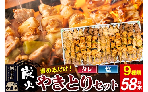 やきとりセット 計58本（ももたれ、もも塩、ねぎたれ、ねぎ塩、かしらたれ、さがり、バラ、なんこつ、皮たれ）