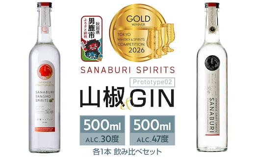 スピリッツ＆ジン SANABURI 山椒 SPIRITS ＆ SANABURI SPIRITS GIN prototype_02 2種飲み比べセット 500ml×各1本セット 秋田 男鹿 [スピリッツ SPIRITS ドライジン ジン 蒸留酒 酒 お酒 和山椒 山椒 爽やかな香り ソーダ割り お湯割り 緑茶割り秋田県 男鹿市 サナブリ]