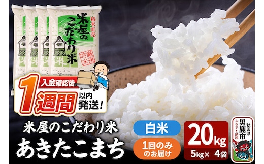 令和8年産新米『米屋のこだわり米』あきたこまち 白米 20kg（5kg×4袋） 吉運商店 秋田県 男鹿市 精米 お米 お弁当 おにぎり [新米 米 こめ コメ 白米 あきたこまち 秋田県 男鹿市 20kg]