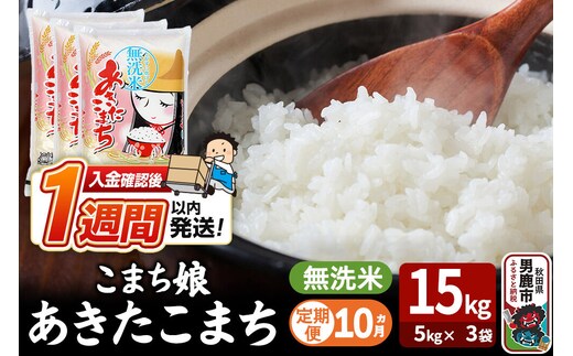 令和8年産新米《定期便10ヶ月》『こまち娘』あきたこまち 無洗米 15kg（5kg×3袋）吉運商店 秋田県 男鹿市 お米 お弁当 おにぎり [新米 米 こめ コメ 無洗米 あきたこまち 秋田県 男鹿市 15kg]