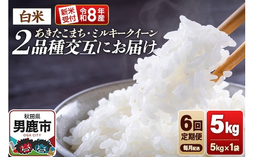 【定期便6ヶ月】 米 《令和8年産新米受付》あきたこまち・ミルキークイーン 5kg 2品種を毎月交互にお届け 食べ比べ 大進農場 [新米 先行受付 こめ 秋田 男鹿市 ミルキークイーン 白米 あきたこまち]