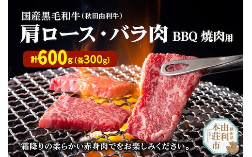 国産黒毛和牛 秋田由利牛 BBQ・焼肉セット 合計600g (肩ロース 300g バラ焼肉用300g)