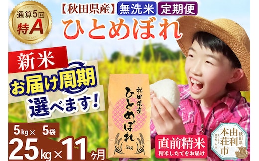 《令和8年産 新米受付》《定期便11ヶ月》【無洗米】通算5回特A 秋田県産ひとめぼれ 25kg(5kg×5袋)×11回 お届け周期調整 隔月に調整OK [米 無洗米 白米 特A 精米 秋田県 東北 お米 ひとめぼれ 小袋 小分け 直前精米 おいしい米 おすすめ]