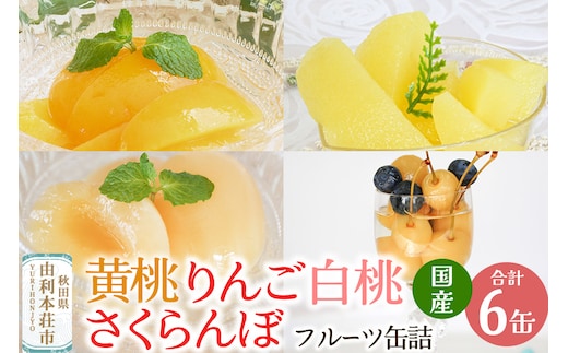 Sanuki フルーツ缶詰 東北産黄桃・りんご・さくらんぼ・2つ割り白桃缶詰 計6缶セット