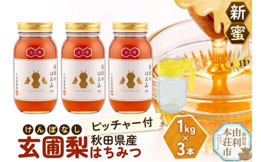 《先行受付》【新蜜】小松養蜂場 はちみつ 秋田県産 100％ 玄圃梨蜂蜜 1kg×3本 ピッチャー付 [はちみつ ハチミツ 蜂蜜 国産 秋田県産]