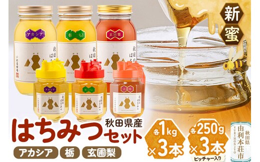 《先行受付》【新蜜】小松養蜂場 はちみつ 秋田県産 100％ 秋田のはちみつ6本セット 合計3.75kg（アカシア、栃、 玄圃梨 各1kg×1本+ピッチャー入各250g×1本) [はちみつ ハチミツ 蜂蜜 国産 秋田県産]