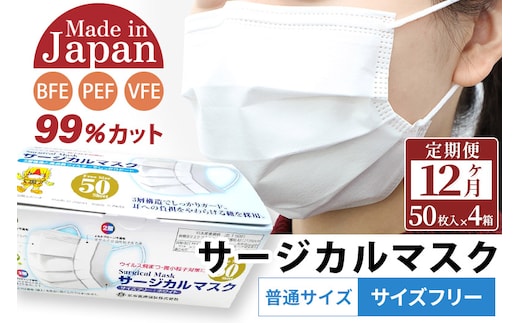《定期便12ヶ月》国内製造 高性能サージカルマスク 普通サイズ 50枚入り×4箱 (合計200枚)×12回 12か月 12ヵ月 12カ月 12ケ月
