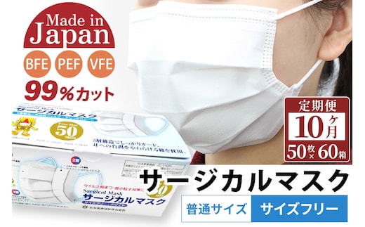 《定期便10ヶ月》国内製造 高性能サージカルマスク 普通サイズ 50枚入り×60箱 (合計3,000枚)×10回 10か月 10ヵ月 10カ月 10ケ月