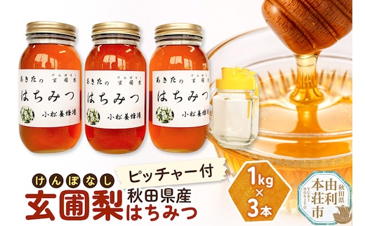 小松養蜂場 はちみつ 秋田県産 100％ 玄圃梨蜂蜜 1kg×3本 ピッチャー付