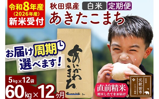 ※R8産 新米予約※ 《定期便12ヶ月》秋田県産 あきたこまち 60kg【白米】(5kg小分け袋) 2026年産 令和8年産 お届け周期調整可能 隔月に調整OK お米 藤岡農産 [藤岡農産 秋田 お米 あきたこまち 米どころ 東北 北秋田市 定期便 毎月お届け]
