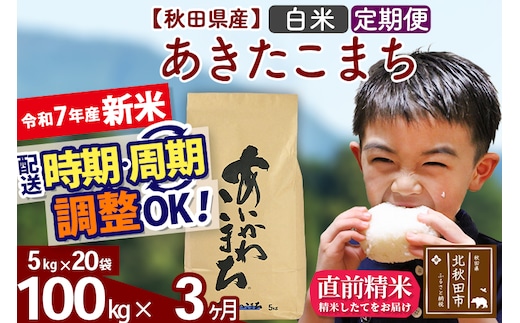 ※令和7年産 新米※《定期便3ヶ月》秋田県産 あきたこまち 100kg【白米】(5kg小分け袋) 2025年産 お届け時期選べる お届け周期調整可能 隔月に調整OK お米 藤岡農産