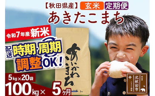 ※令和7年産 新米※《定期便5ヶ月》秋田県産 あきたこまち 100kg【玄米】(5kg小分け袋) 2025年産 お届け時期選べる お届け周期調整可能 隔月に調整OK お米 藤岡農産