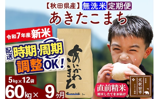 ※令和7年産 新米※《定期便9ヶ月》秋田県産 あきたこまち 60kg【無洗米】(5kg小分け袋) 2025年産 お届け時期選べる お届け周期調整可能 隔月に調整OK お米 藤岡農産
