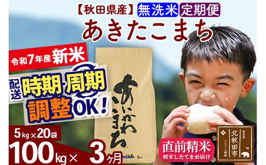 ※令和7年産 新米※《定期便3ヶ月》秋田県産 あきたこまち 100kg【無洗米】(5kg小分け袋) 2025年産 お届け時期選べる お届け周期調整可能 隔月に調整OK お米 藤岡農産