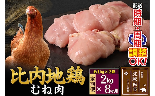 《定期便8ヶ月》 比内地鶏 むね肉 2kg（1kg×2袋）×8回 計16kg 時期選べる お届け周期調整可能 8か月 8ヵ月 8カ月 8ケ月 16キロ 国産 冷凍 鶏肉 鳥肉 とり肉 ムネ肉
