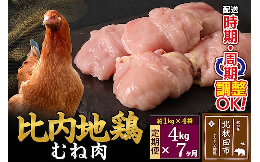 《定期便7ヶ月》 比内地鶏 むね肉 4kg（1kg×4袋）×7回 計28kg 時期選べる お届け周期調整可能 7か月 7ヵ月 7カ月 7ケ月 28キロ 国産 冷凍 鶏肉 鳥肉 とり肉 ムネ肉