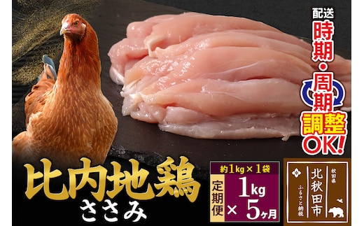 《定期便5ヶ月》 比内地鶏 ささみ 1kg（1kg×1袋）×5回 計5kg 時期選べる お届け周期調整可能 5か月 5ヵ月 5カ月 5ケ月 5キロ 国産 冷凍 鶏肉 鳥肉 とり肉 ササミ