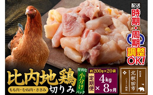 《定期便8ヶ月》 比内地鶏 切りみ（もも肉・むね肉・ささみ） 4kg（200g×20袋）×8回 計32kg 時期選べる お届け周期調整可能 8か月 8ヵ月 8カ月 8ケ月 32キロ 小分け 国産 冷凍 正肉 小間切れ 鶏肉 鳥肉 [比内地鶏 国産 冷凍 鍋 唐揚げ 筑前煮 きりたんぽ鍋 親子丼用 業務用 家庭用 鶏肉]