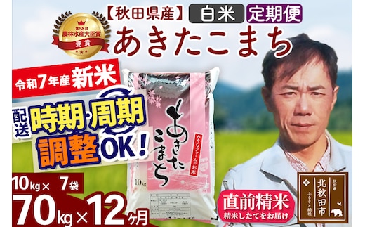 ※令和7年産 新米※《定期便12ヶ月》秋田県産 あきたこまち 70kg【白米】(10kg袋) 2025年産 お届け時期選べる お届け周期調整可能 隔月に調整OK お米 みそらファーム