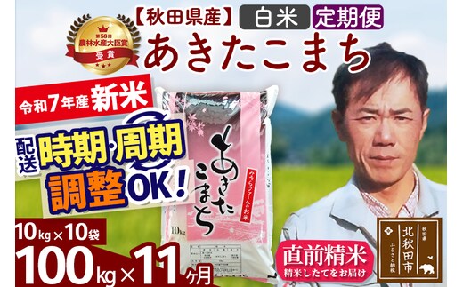 ※令和7年産 新米※《定期便11ヶ月》秋田県産 あきたこまち 100kg【白米】(10kg袋) 2025年産 お届け時期選べる お届け周期調整可能 隔月に調整OK お米 みそらファーム
