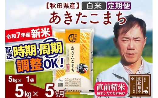 ※令和7年産 新米※《定期便5ヶ月》秋田県産 あきたこまち 5kg【白米】(5kg小分け袋) 2025年産 お届け時期選べる お届け周期調整可能 隔月に調整OK お米 みそらファーム