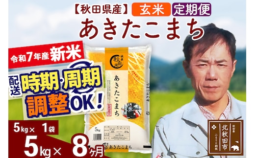 ※令和7年産 新米※《定期便8ヶ月》秋田県産 あきたこまち 5kg【玄米】(5kg小分け袋) 2025年産 お届け時期選べる お届け周期調整可能 隔月に調整OK お米 みそらファーム