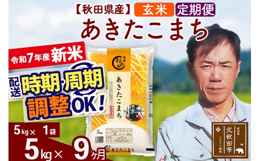 ※令和7年産 新米※《定期便9ヶ月》秋田県産 あきたこまち 5kg【玄米】(5kg小分け袋) 2025年産 お届け時期選べる お届け周期調整可能 隔月に調整OK お米 みそらファーム