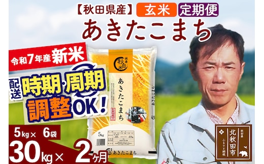 ※令和7年産 新米※《定期便2ヶ月》秋田県産 あきたこまち 30kg【玄米】(5kg小分け袋) 2025年産 お届け時期選べる お届け周期調整可能 隔月に調整OK お米 みそらファーム