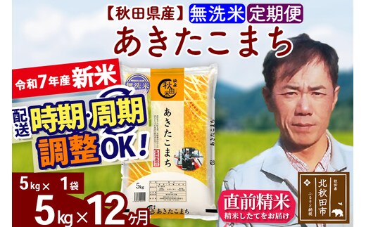 ※令和7年産 新米※《定期便12ヶ月》秋田県産 あきたこまち 5kg【無洗米】(5kg小分け袋) 2025年産 お届け時期選べる お届け周期調整可能 隔月に調整OK お米 みそらファーム